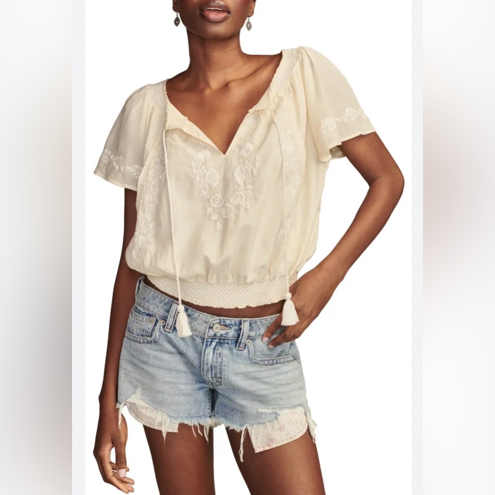 Lucky Brand Embroidered Tie Neck Crop Top